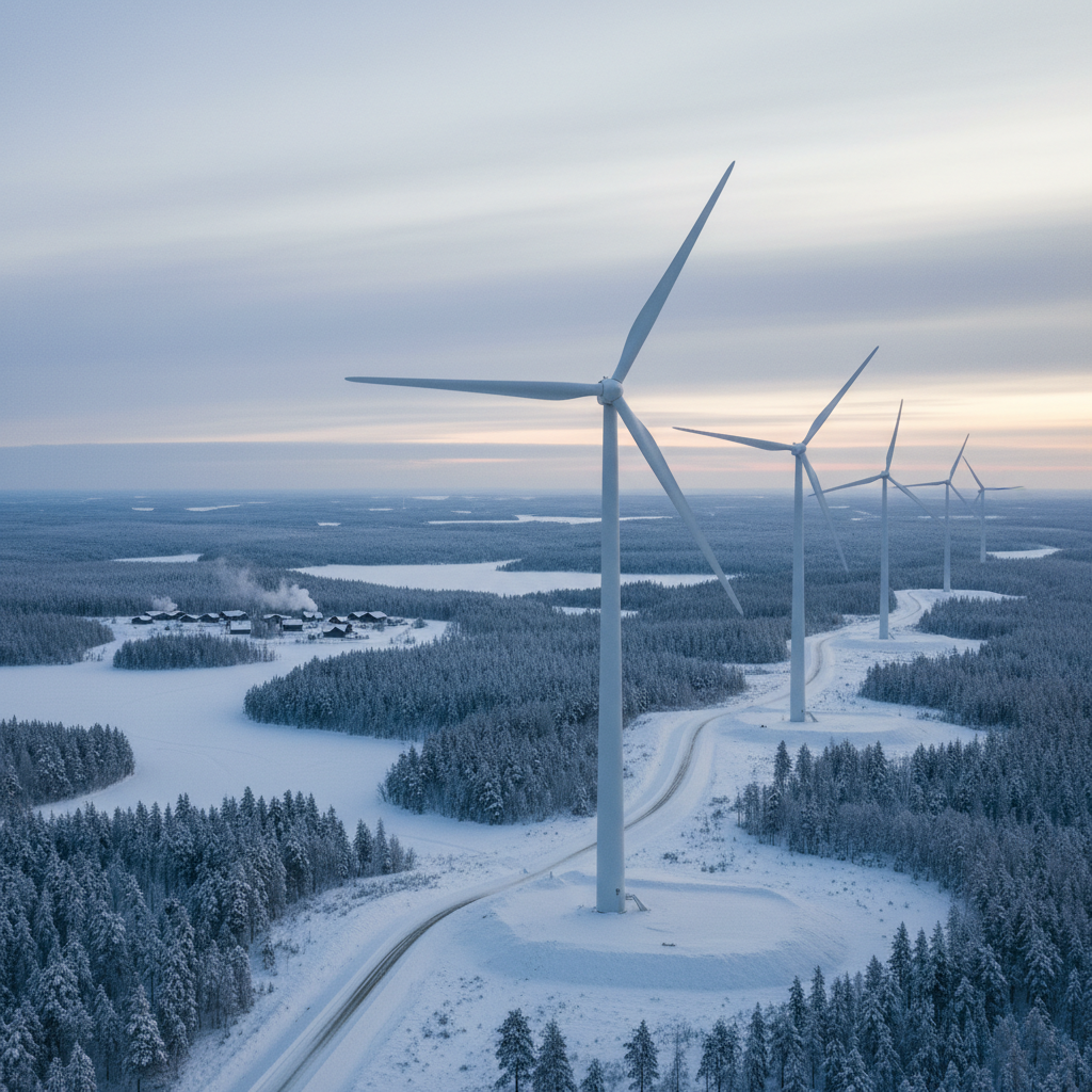 Tuulivoimalarivi kohoaa lumisen metsämaiseman keskellä hämärtyvässä talvi-illassa.