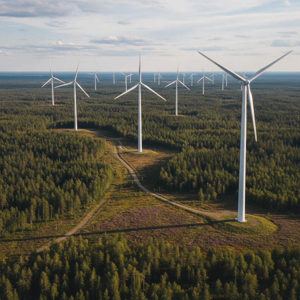 Tuulivoimaloita kohoaa laajassa metsämaisemassa, jonka poikki kulkee hiekkatie.