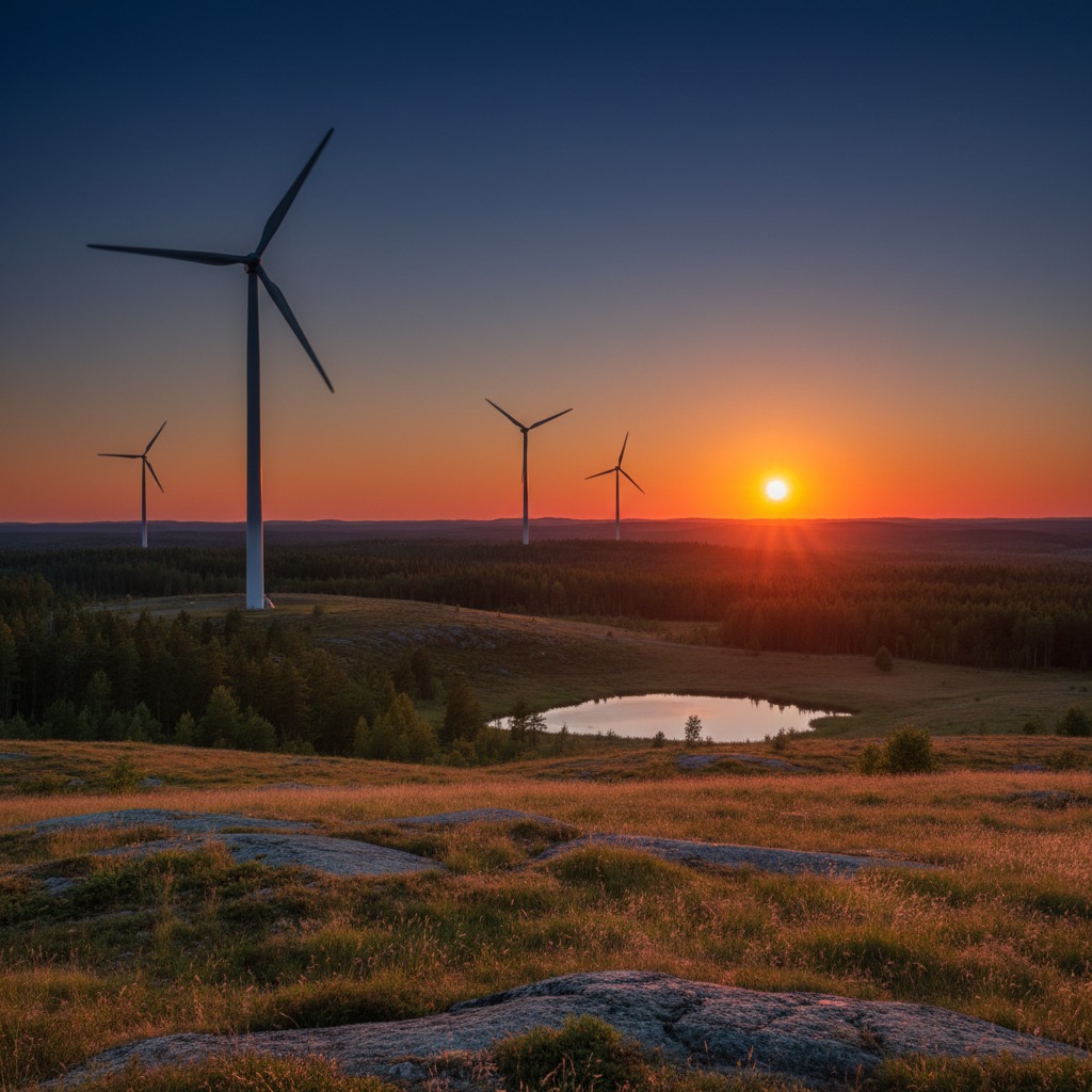 Tuulivoimaloita kohoaa kukkulaisessa ja metsäisessä maisemassa matalan auringon paistaessa oranssinpunaisella taivaalla.