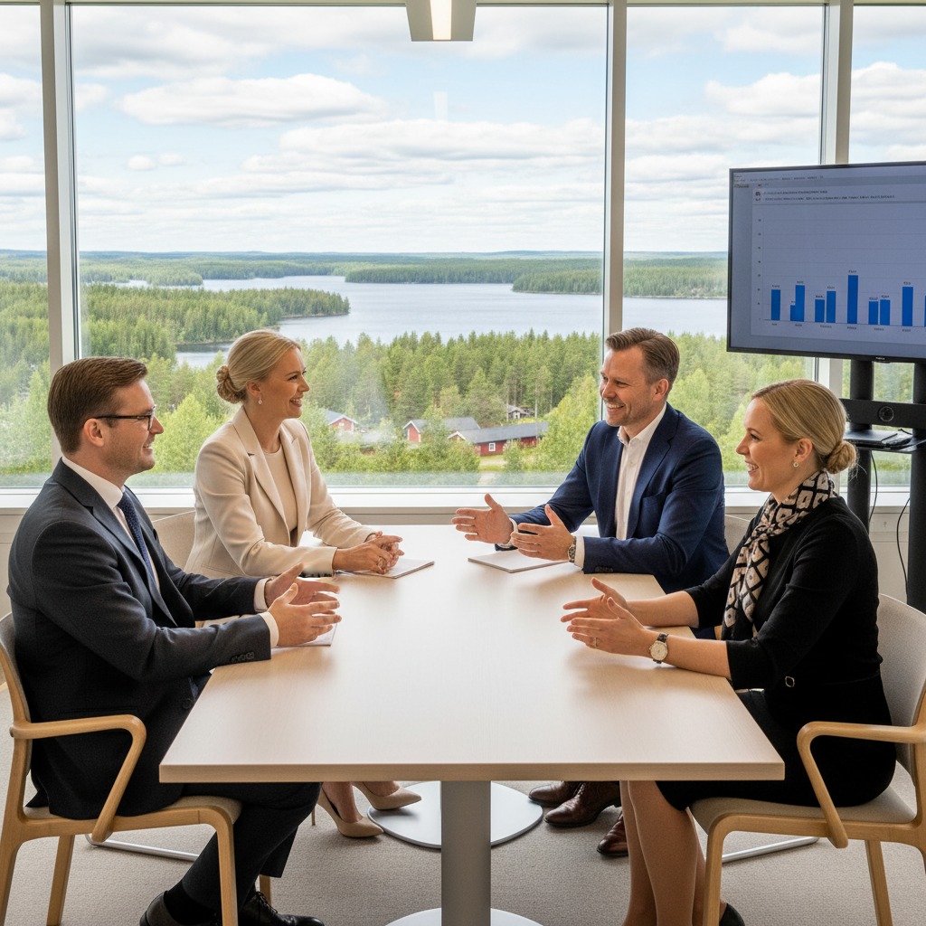 Neljä yritysihmistä istuu neuvottelupöydän ympärillä valoisassa toimistohuoneessa, jonka ikkunasta avautuu järvimaisema.