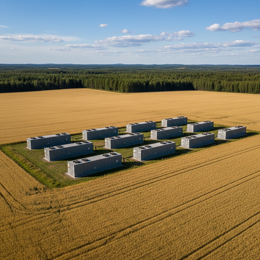 Kultaisella viljapellolla seisoo suorakaiteen muotoinen ryhmä harmaita, säiliömäisiä laitteistorakennuksia, taustalla näkyy metsää ja sininen taivas.